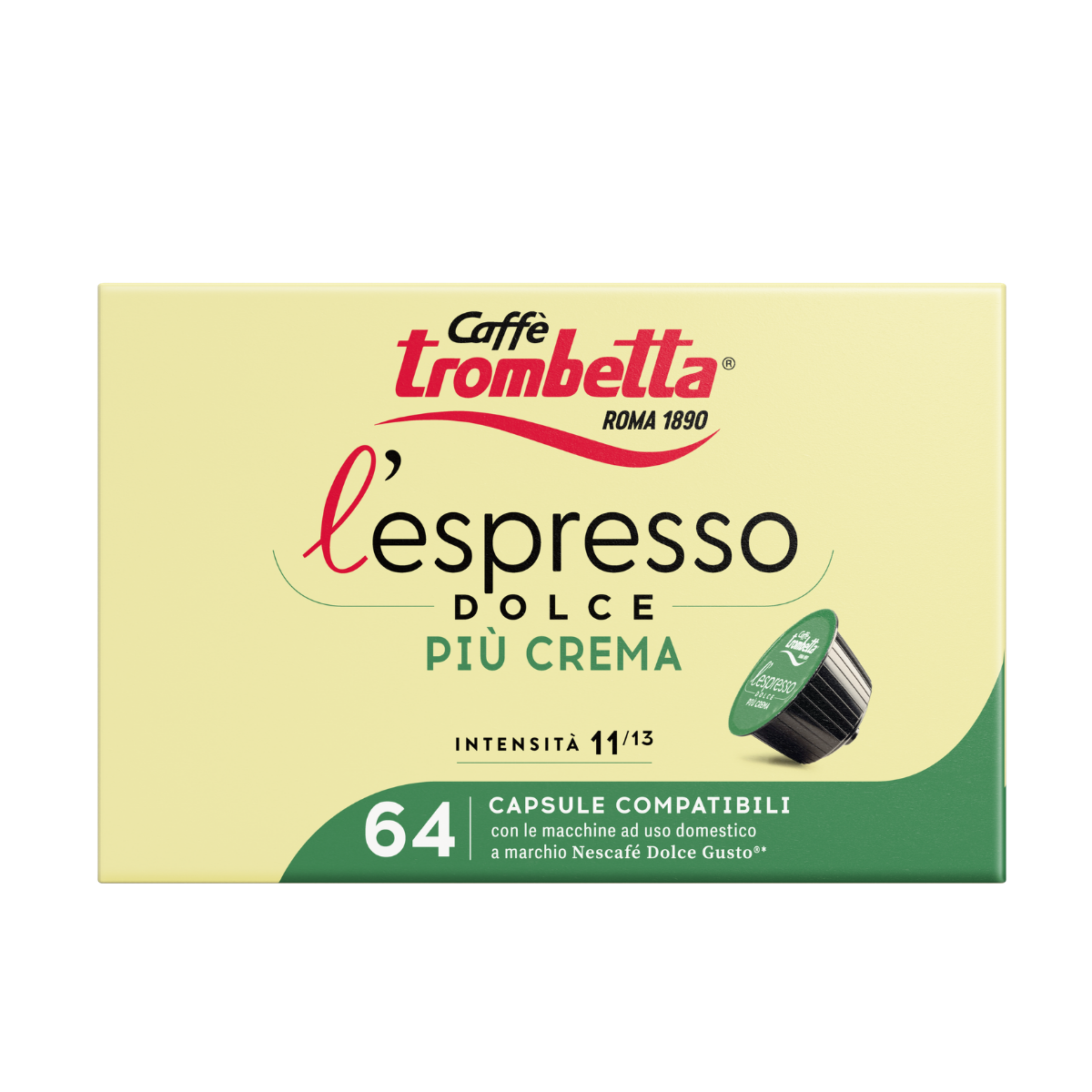TROMBETTA DOLCE GUSTO PIU CREMA 64 FRONT Caffè Trombetta L’Espresso Dolce Più Crema – 4 Confezione da 16 Capsule Compatibili Nescafè Dolce Gusto® - immagine 1